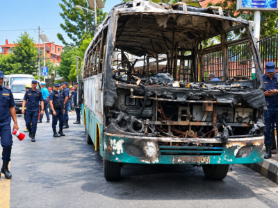 पुरेश्वरमा बसमा आगजनी, चालक गम्भीर घाइते