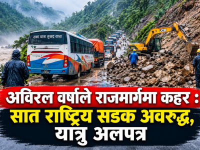 अविरल वर्षाले राजमार्गमा कहर : सात राष्ट्रिय सडक अवरुद्ध, यात्रु अलपत्र