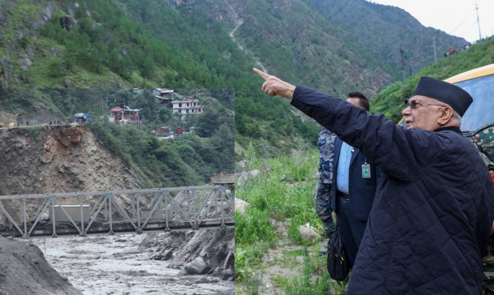 भाेटेकाेशीमा आएकाे बाढीले पुर्याएकाे क्षेतीकाे स्थलगत अवलोकन  गर्न पुगे प्रधानमन्त्री ओली रसुवा ।